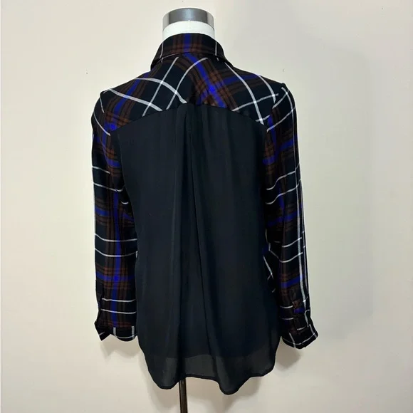 L'AGENCE Denise Plaid with Back Sheer Black Silk Contrast Shirt - Picture 4 of 6